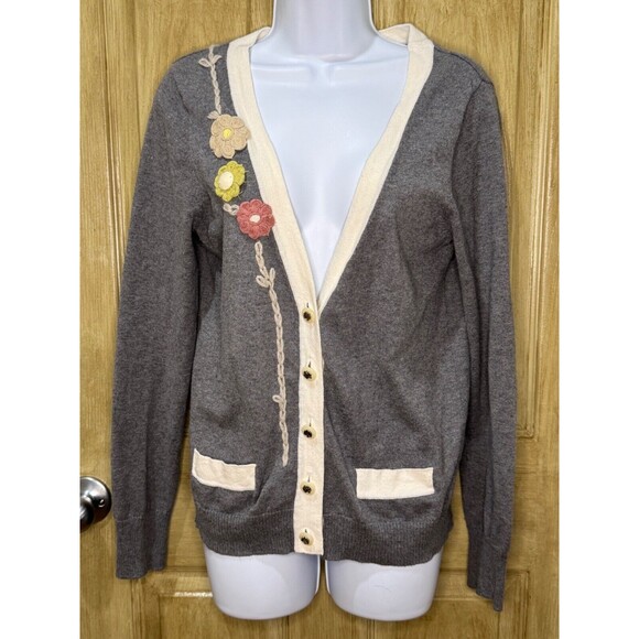 Anthropologie Nick & Mo Cardigan Button Up Sweater Womens Crochet Floral Gray L - Picture 1 of 5